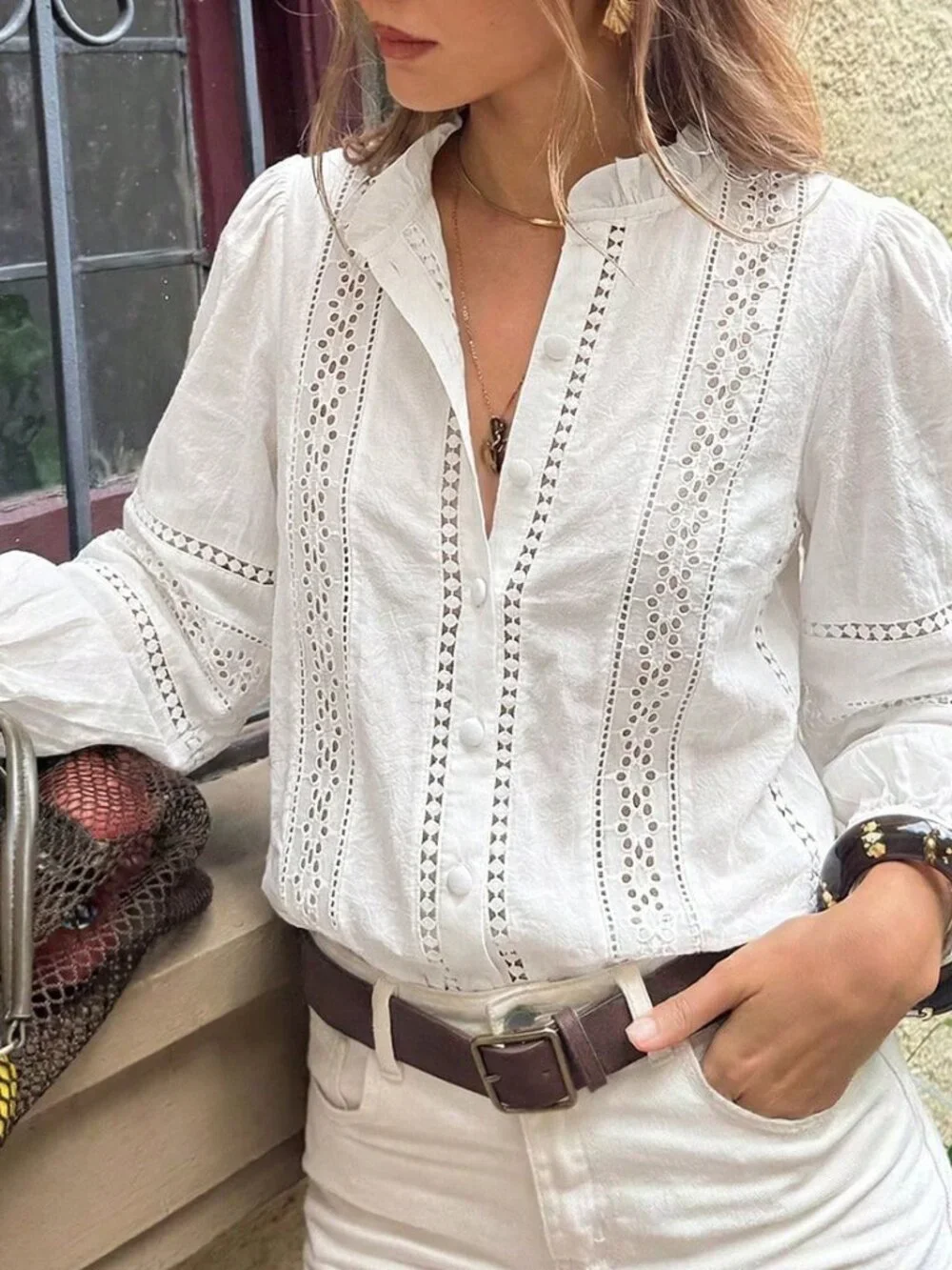 White Casual Women's Stand Collar Hollow Embroidery Long Sleeve Blouse